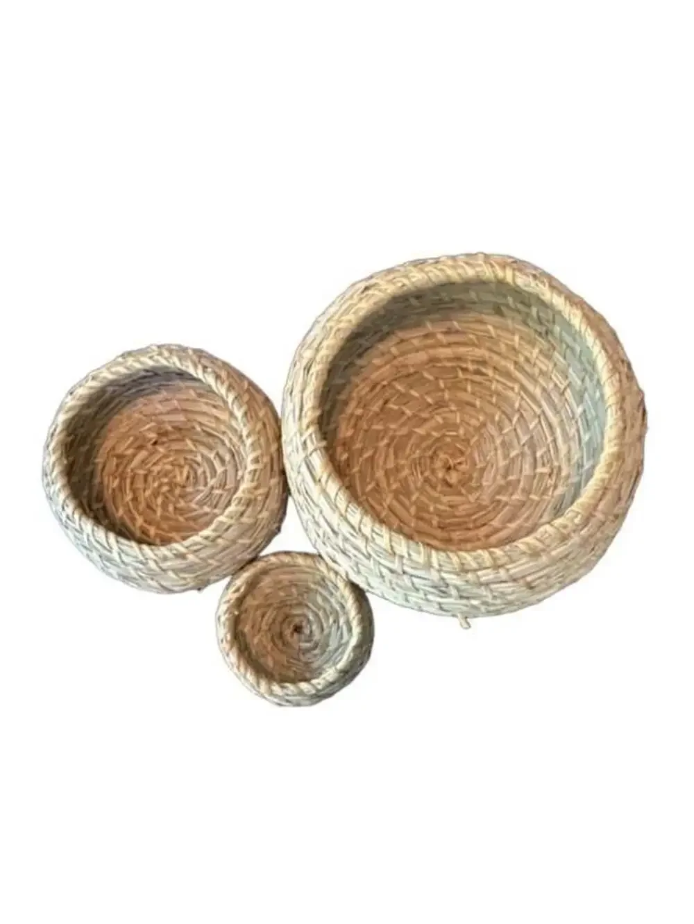 Set of 3 Woven Seagrass Lidded Nesting Baskets Round Storage Boxes